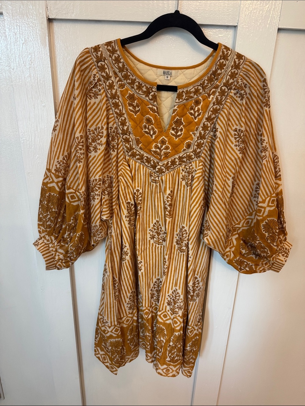 Boho Embroidered dress in Mustard and Cream
